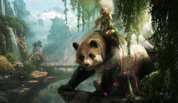 Картинка фэнтези ангелы крылья животное панда арт пейзаж взгляд девушка