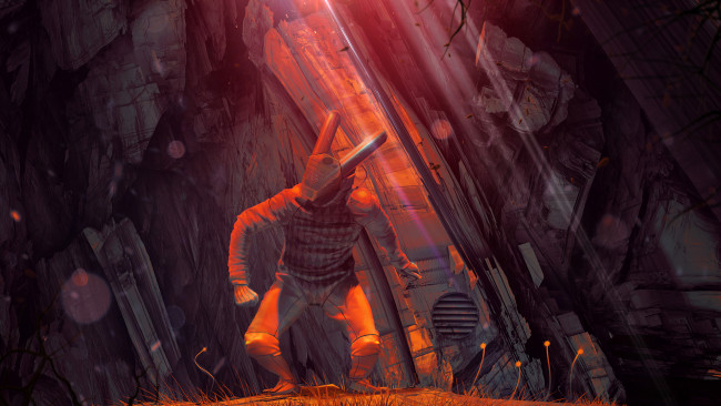 Обои картинки фото фэнтези, роботы,  киборги,  механизмы, rabbit, шлем, человек, скалы, фантастика, art