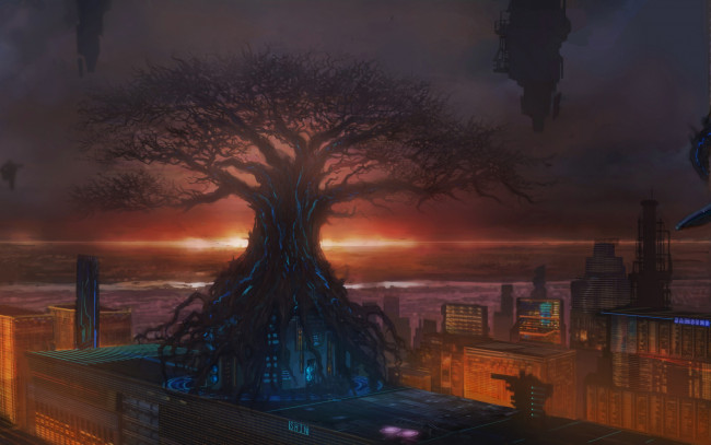 Обои картинки фото фэнтези, иные миры,  иные времена, tree, of, life, город, небоскребы, арт, фантастика, древо, дерево