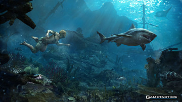 обоя видео игры, assassin`s creed iv,  black flag, акула, море, парень