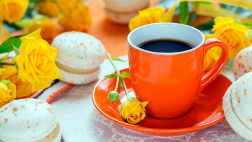 Картинка еда кофе +кофейные+зёрна розы макаруны