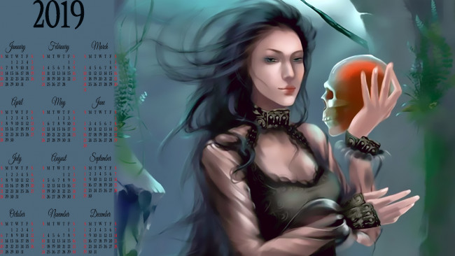 Обои картинки фото календари, фэнтези, череп, девушка