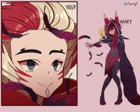 Картинка видео+игры league+of+legends rakan xayah лицо перья плащ