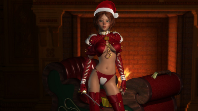 Обои картинки фото 3д графика, праздники , holidays, девушка, фон, взгляд, униформа, камин