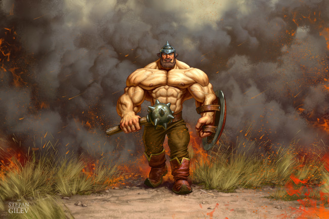 Обои картинки фото рисованное, кино,  мультфильмы, илья, муромец, богатырь, булава, трава, пожар