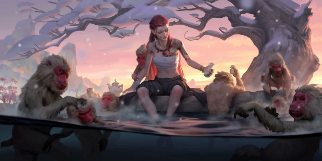 Обои картинки фото фэнтези, девушки, девушка, обезьяны, источник, бутылки