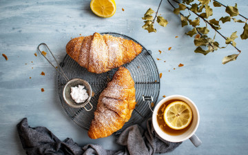 Картинка еда хлеб +выпечка чай лимон круассаны