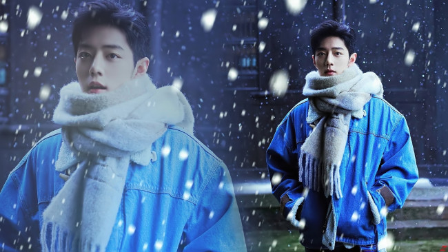 Обои картинки фото мужчины, xiao zhan, актер, шарф, куртка, снег