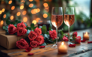 Картинка 3д+графика праздники+ holidays подарок розы вино