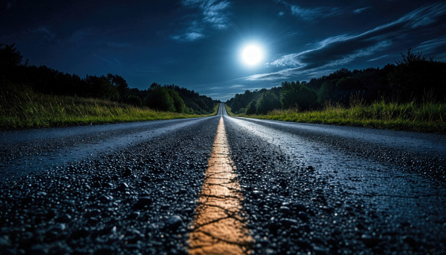 Обои картинки фото 3д графика, природа , nature, ночь, луна, дорога, лес, нейросеть