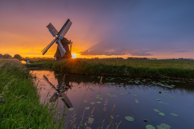 Обои картинки фото разное, мельницы, река, мельница, закат