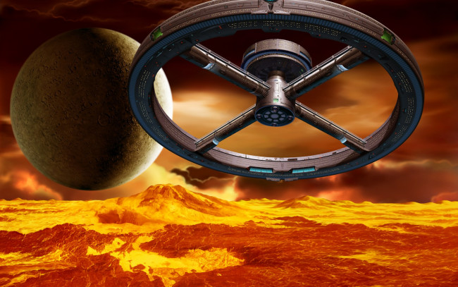 Обои картинки фото космос, арт, станция, океан, огненный, планета