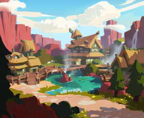 Картинка рисованные живопись облака дом мост река горы