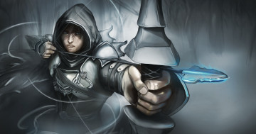 Картинка фэнтези девушки diablo 3 стрела лук капюшон парень demon hunter