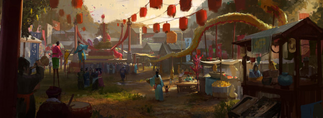 Обои картинки фото рисованные, живопись, город, праздник, люди