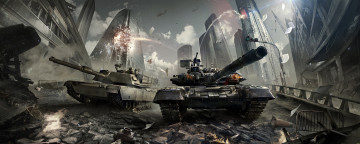 Картинка фэнтези иные+миры +иные+времена разрушение взрывы город небоскребы дома война танк битва