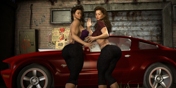 обоя автомобили, 3d car&girl, взгляд, автомобиль, фон, девушки