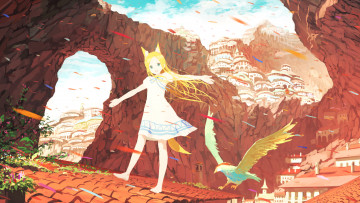 Картинка аниме животные +существа город гора птица девочка арт jan-artist