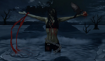 Картинка фэнтези девушки сердце ночь вода кровь фон взгляд девушка цепи птица