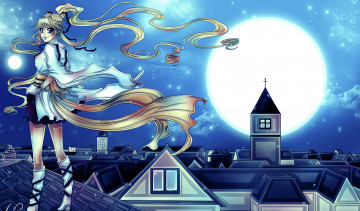 Картинка аниме город +улицы +здания луна фон взгляд девушка