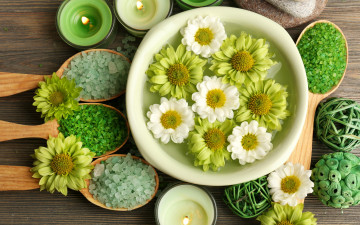 Картинка разное косметические+средства +духи цветы свечи salt flowers candles соль спа wellness relax still life spa ложки