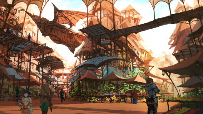 Обои картинки фото аниме, город,  улицы,  здания, jumpei99, арт, улица, люди