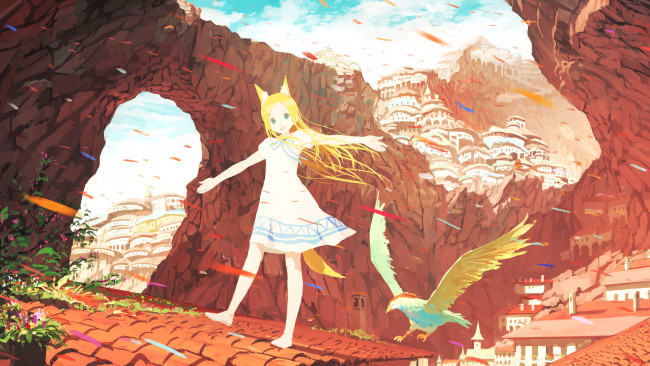Обои картинки фото аниме, животные,  существа, город, гора, птица, девочка, арт, jan-artist