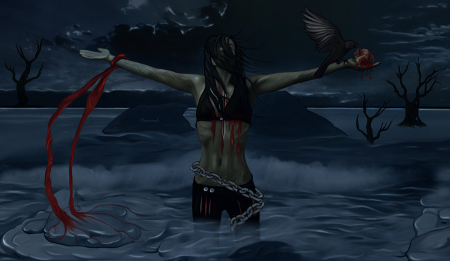 Обои картинки фото фэнтези, девушки, сердце, ночь, вода, кровь, фон, взгляд, девушка, цепи, птица