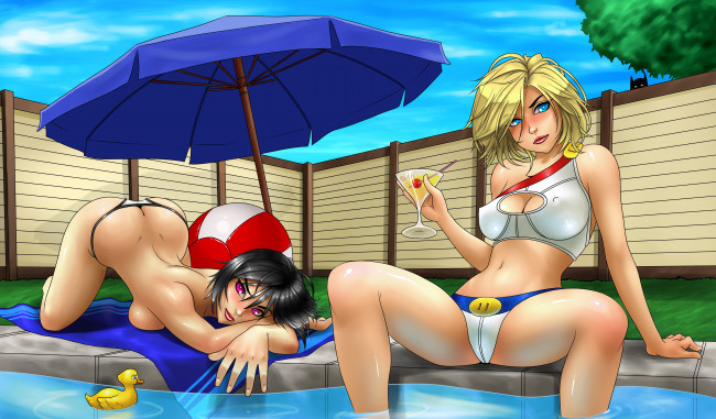 Обои картинки фото разное, арты, девушки, взгляд, фон, бассейн, зонтик, игрушка, коктейль