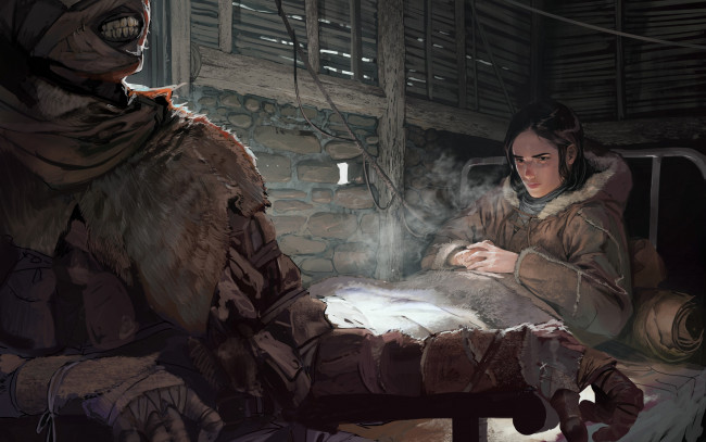 Обои картинки фото фэнтези, красавицы и чудовища, одеяло, кровать, взгляд, девушка, сидит, скелет, мумия, art, арт