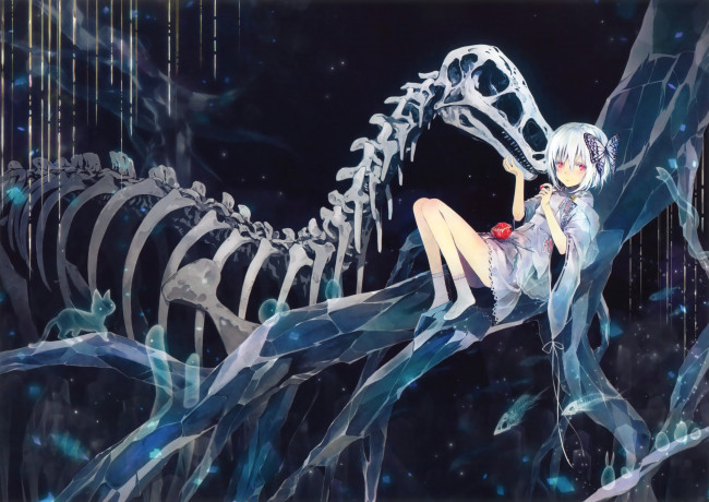 Обои картинки фото аниме, unknown,  другое, бабочка, скелет, цветок, девушка, takano, otohiko, арт