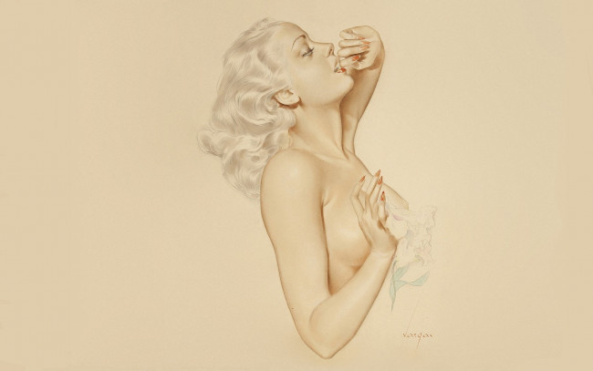 Обои картинки фото рисованное, alberto vargas, девушка, блондинка, цветы