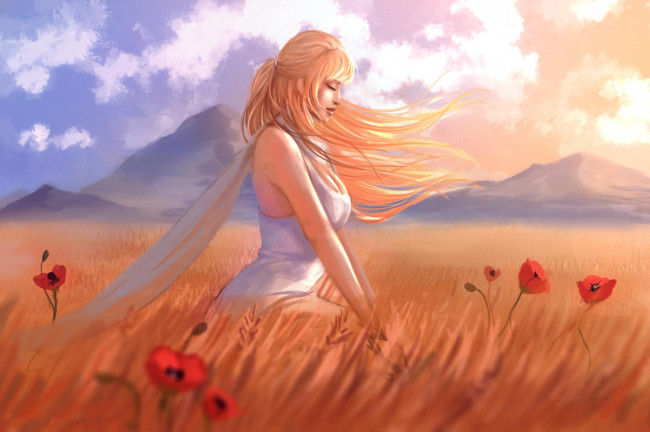 Обои картинки фото рисованное, люди, девушка, фон, поле, мак