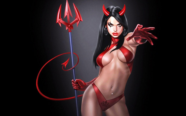 Обои картинки фото фэнтези, демоны, демонесса, трезубец