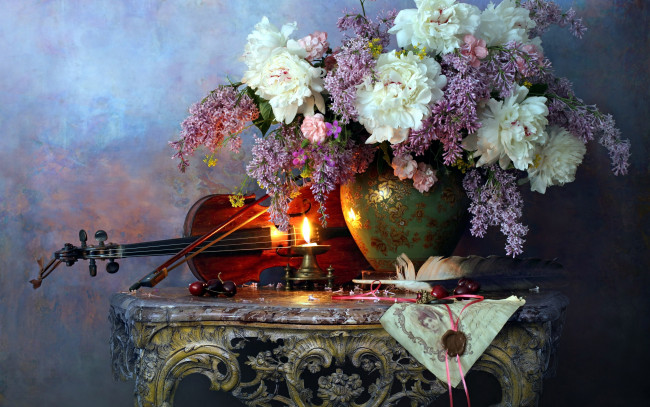 Обои картинки фото музыка, -музыкальные инструменты, букет, цветы, скрипка