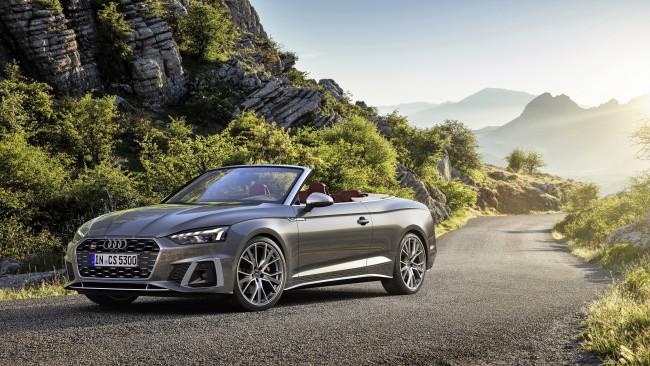 Обои картинки фото audi s5 tfsi convertible, автомобили, audi, серый, горы, дорога