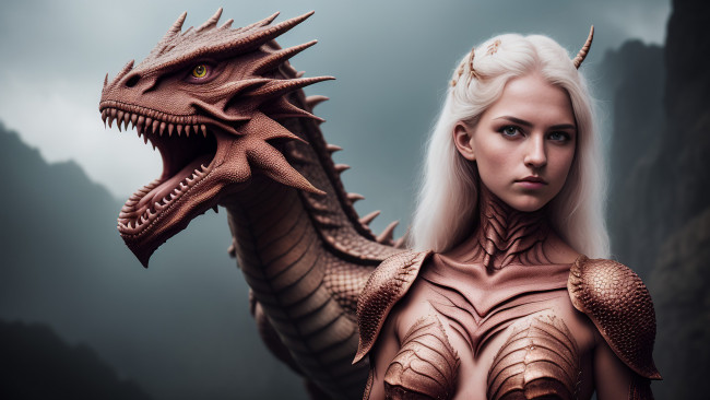 Обои картинки фото фэнтези, красавицы и чудовища, нейросети, графика, нейроарт, ai, art, нейронные, сети, рисунки, нейро, искусство, девушка, дракон