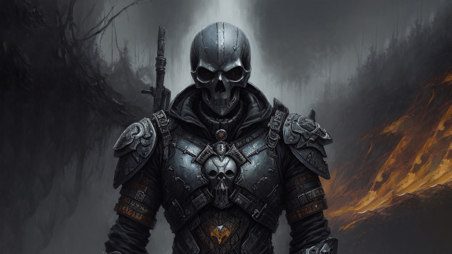 Обои картинки фото фэнтези, нежить, нейросети, графика, нейроарт, ai, art, нейронные, сети, рисунки, нейро, искусство, череп, воин