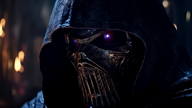 Обои картинки фото фэнтези, роботы,  киборги,  механизмы, нейросети, графика, нейроарт, ai, art, нейронные, сети, рисунки, нейро, искусство, светящиеся, глаза, капюшон