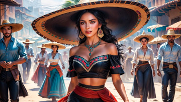 обоя рисованное, люди, мексика, сомбреро, улица, город