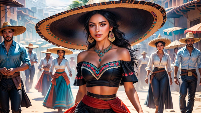 Обои картинки фото рисованное, люди, мексика, сомбреро, улица, город