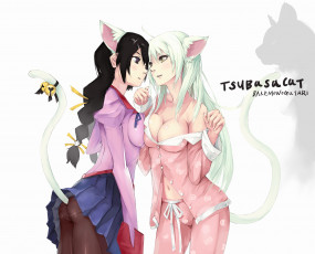 Картинка аниме bakemonogatari hanekawa tsubasa девушка ушки кошка клыки++форма очки хвост бант лента пижама
