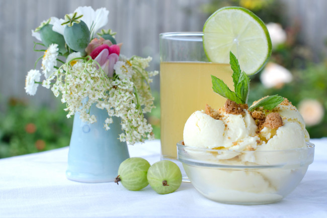 Обои картинки фото еда, натюрморт, букет, крыжовник, мороженое, сок