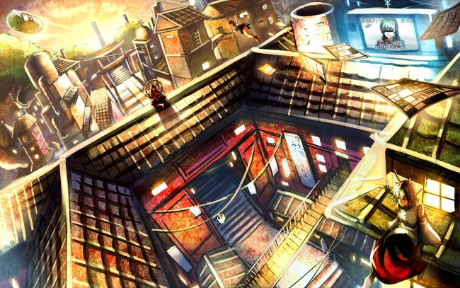 Обои картинки фото аниме, touhou, огни, экран, фонари, окна, крыши, девушки, город