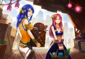 Картинка аниме unknown +другое okuto арт девушки фонарики корзина бочонок цветы