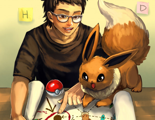 Обои картинки фото аниме, pokemon, арт, парень, покемон