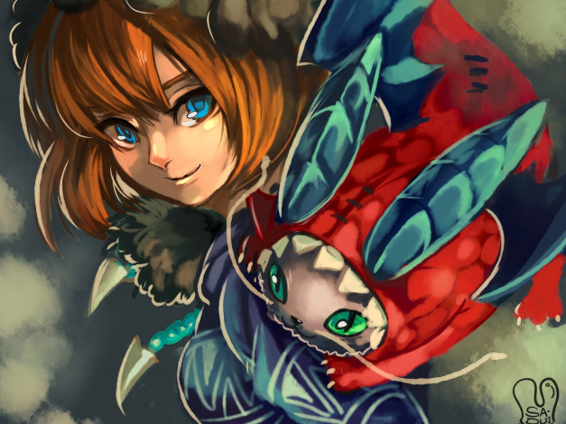 Обои картинки фото аниме, pokemon, девушка, зверёк, взгляд