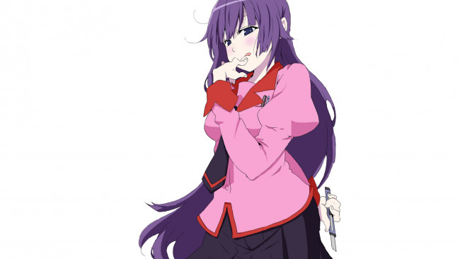 Обои картинки фото bakemonogatari, аниме, фон, взгляд, нож, девушка, инструменты, форма, senjougahara, hitagi