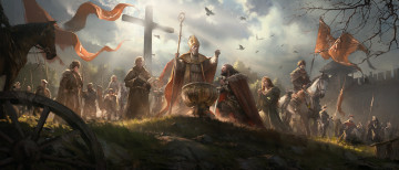 Картинка рисованное живопись конь крест люди польша воины крещение знамя священник