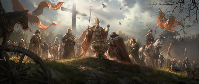 Обои картинки фото рисованное, живопись, конь, крест, люди, польша, воины, крещение, знамя, священник